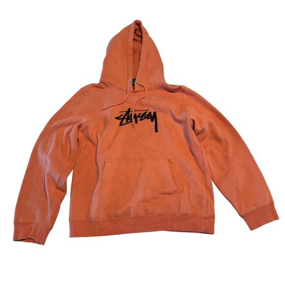 Stussy Orange Black Logo Long Sleeve Sweatshirt Hoodie Medium M - Picture 1 of 6